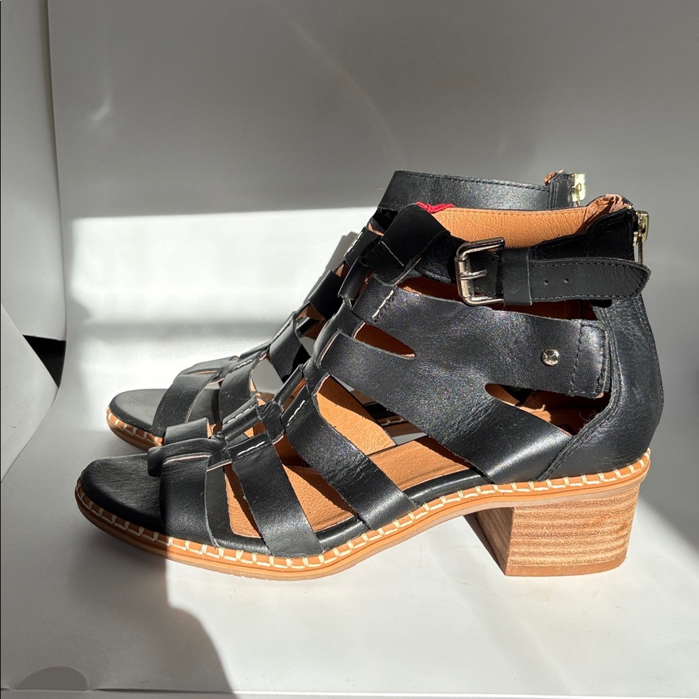 NWT Pikolinos Blanes black leather cage sandals with block heel 39 - Picture 6 of 8